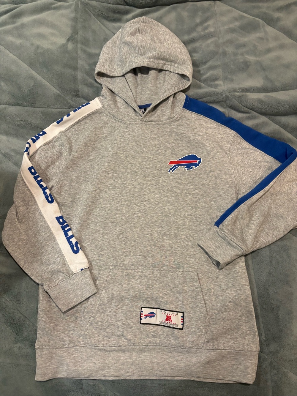 Kids Gray Buffalo Bills Hoodie with Blue Team Stripe and Logo on arm